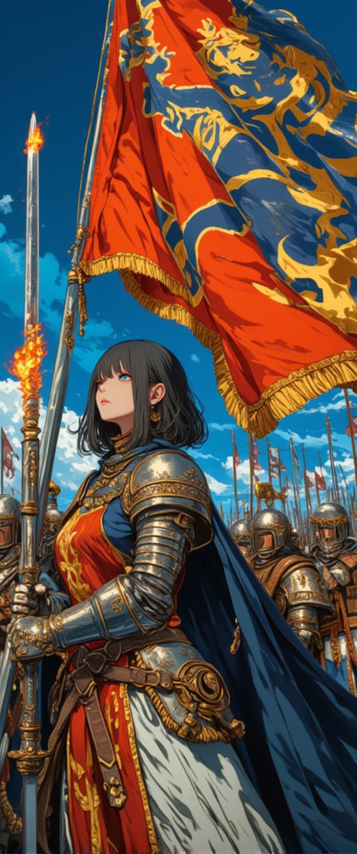 medieval fantasy), (flat color semi-realistic style 2d) art of a female knight holding flaming sword under a blue and red banner with golden lion on it, standing in front of an army of medeieval soldiers, black hair, blue eyes, bob cut,ct-physmstyle,ct-anime55