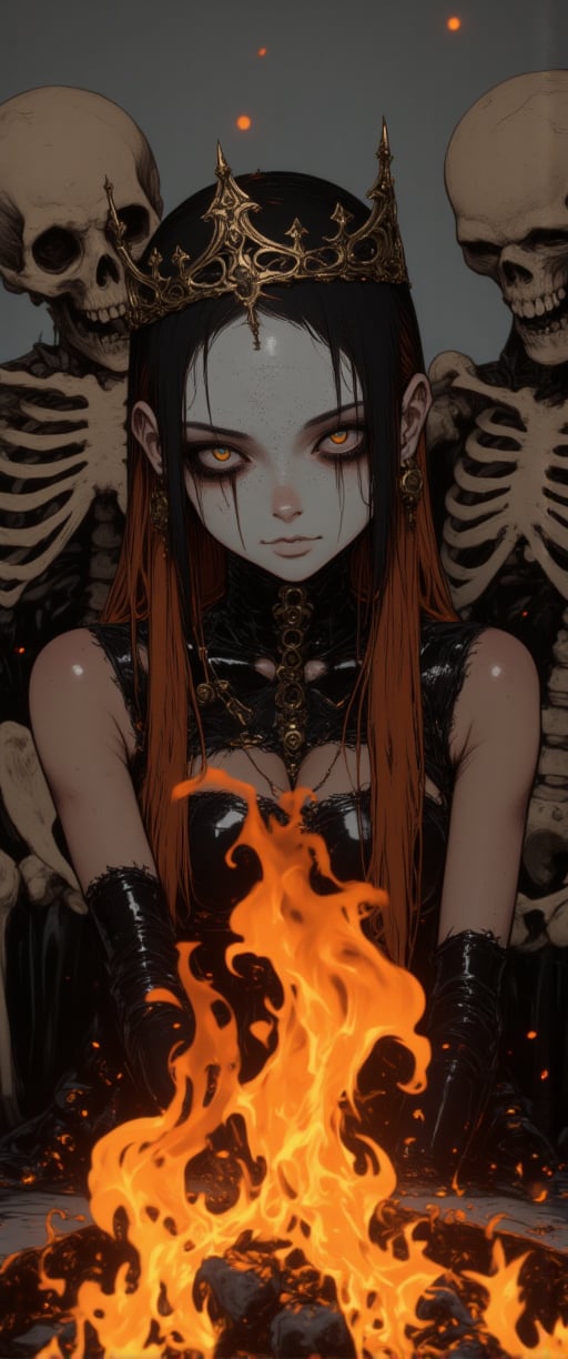 A dramatic shot frames the woman in a black leather outfit, adorned with a striking white mask and regal crown, her face painted with bold black eye makeup against her vibrant brown hair. Before her, a blazing fire burns brightly, its warmth and light contrasted by the stark black and white backdrop. To either side, two skeletons loom, their bony forms adding an eerie presence to the scene.