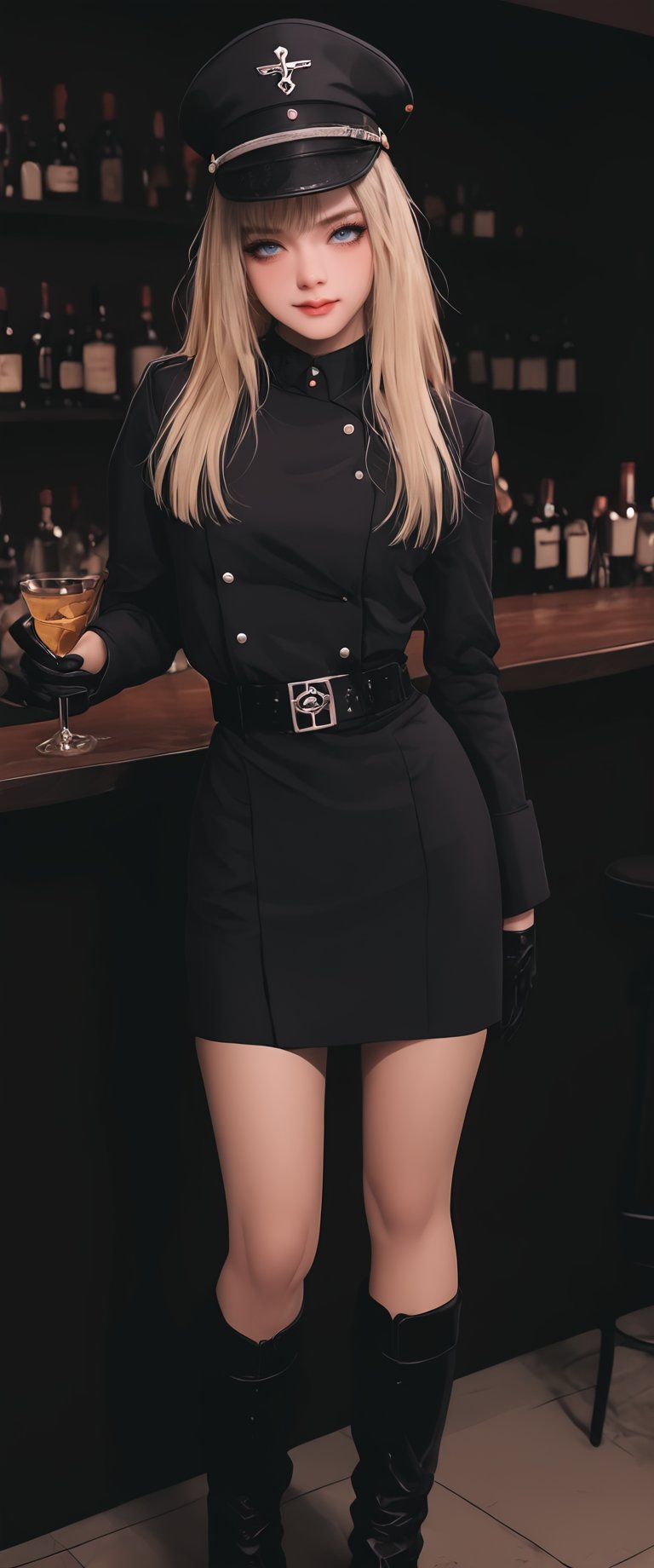 1girl, solo, long hair, breasts, looking at viewer, smile, bangs, blue eyes, skirt, blonde hair, shirt, gloves, long sleeves, hat, closed mouth, jacket, full body, boots, black gloves, belt, indoors, miniskirt, black skirt, black footwear, uniform, cup, military, military uniform, knee boots, bottle, peaked cap, alcohol, drinking glass, pencil skirt, military hat, iron cross, stool, shelf, bar \(place\), counter, bar stool