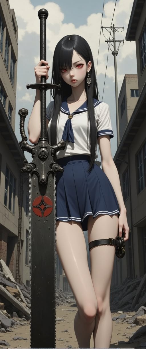 A gritty GOD EATER scene: A petite Japanese girl in a sailor school uniform miniskirt stands strong amidst the ruins of a dystopian cityscape. She brandishes an imposing, intricately detailed mechanical chainsaw-like sword with gears and rivets, its steely sheen contrasting with her fragile features. Her chained hand adds an eerie touch to her menacing aura. The desolate backdrop of dilapidated buildings, power lines, and gray skies amplifies the post-apocalyptic atmosphere. Her exquisite facial features glow amidst the ruin, as she exudes a sense of powerful danger.,ct-sensanime,ct-prettienime2,ct-anitity,ct-anime55,ct-cromstyle