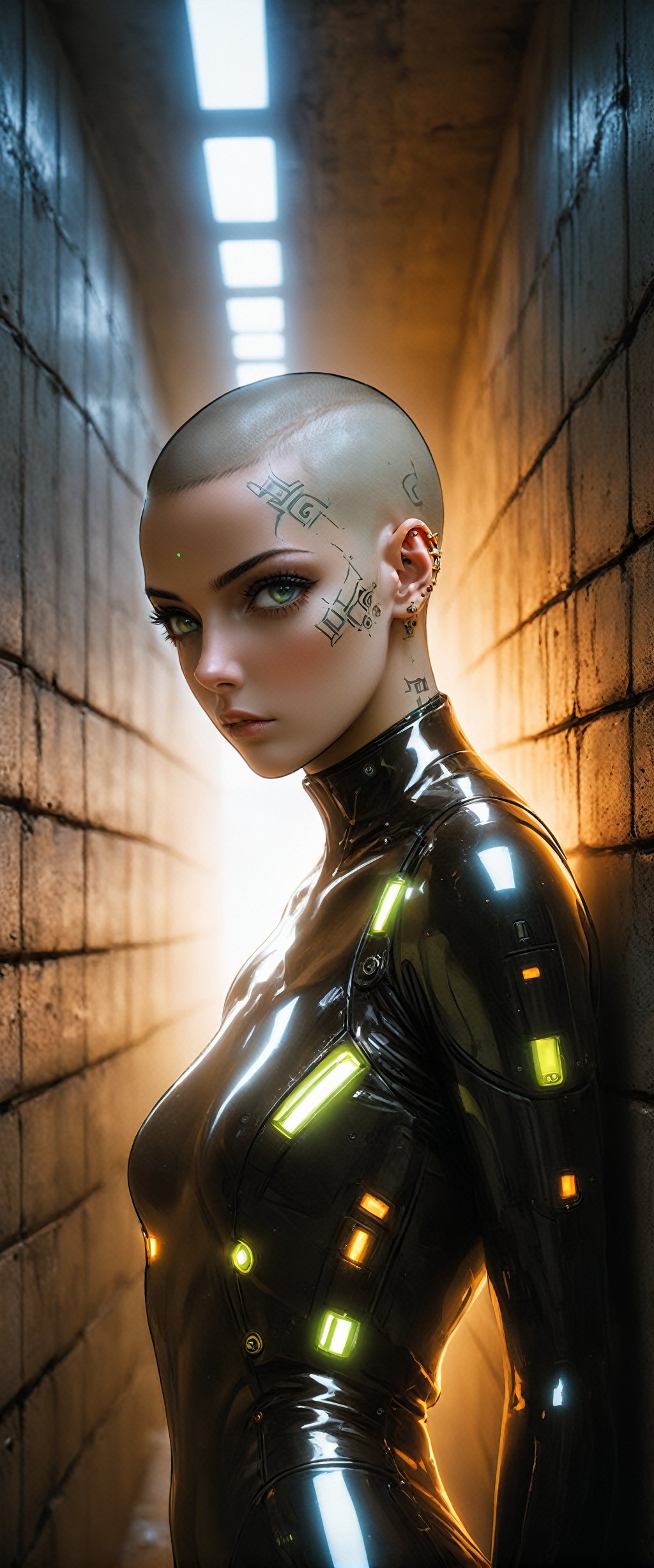 In a dimly lit, cyberpunk jail cell, a raw and edgy woman, 30 years old, with a shaved head  haircut, strikes a bold model pose amidst the stark concrete walls. Her orange-lit cybernanotech face glows with luminous implants, and her skin features a hologram tattoo designed by Mike Mingola (). The air is thick with absurdes tension as she gazes out with an intensity that's both bad and mesmerizing.