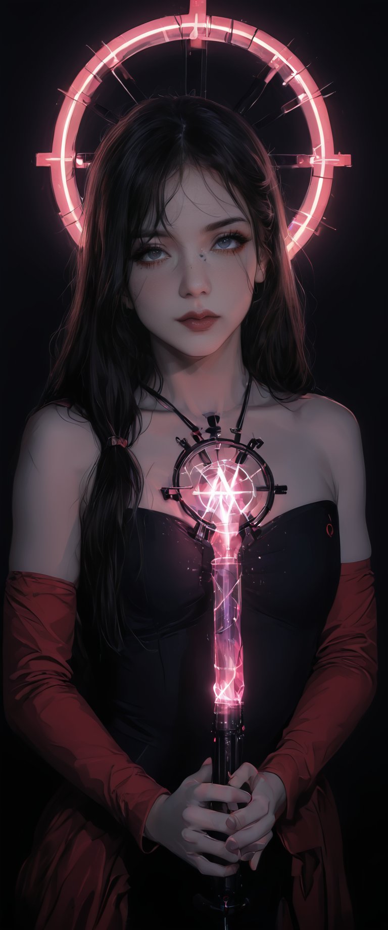 cyberpunk woman cleric, kaos, glowing scepter, cross, glowing, neon lights, reflections, sparcles, cyberpunk, 1 girls, sensual, sexy, dark,cult altar