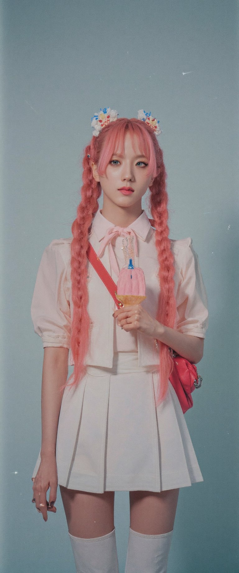 A cinematic reality film scene unfolds: a 18-year-old Korean beauty model, with oversized blue eyes and a gorgeous face, stands solo against a grey background. Her long, pink-haired braids are tied with hair bows, adorned with ahoges. She wears a white serafuku uniform with a pleated skirt, thigh-highs, and a red bow on her backpack. In one hand, she holds a popsicle, while in the other, a strawberry ice cream cone reflects off her thigh-high boots. Her detailed features, from blush to navel, are captured in stunning focus against a misty backdrop, as sparks of light dance across her face. The soft lighting and depth of field create a sense of intimacy, drawing the viewer's attention to her smiling, idolic beauty., ct-virtual_jisoo, ct-jissoo