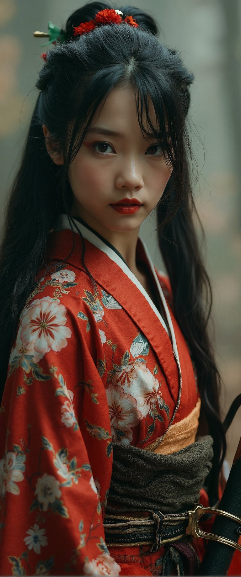 A cinematic shot of a lone girl, dressed in a traditional Japanese kimono with a vibrant floral print, standing confidently in a blurred background. She gazes directly at the viewer, her brown eyes intense and sharp. Her long, dark hair cascades down her back like a waterfall of night. A katana, its sheath gleaming, is held firmly in her hand, its blade razor-sharp with a subtle cinematic lighting that accentuates the depth of field. The girl's full body is rendered in stunning detail, from the delicate curves of her fingers to the subtle texture of her kimono. Her red lips are painted and bold, framing her striking features. The overall mood is one of quiet contemplation, as if she is waiting for something - or someone.