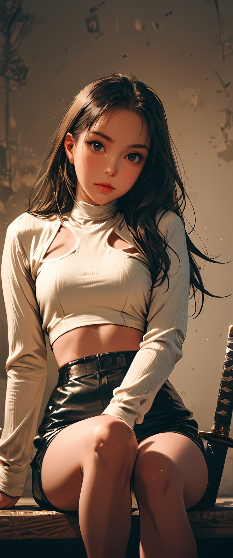 1girl, solo, long hair, looking at viewer, bangs, shirt, black hair, long sleeves, sitting, closed mouth, white shirt, weapon, pantyhose, shorts, belt, sword, black eyes, lips, head tilt, black pantyhose, short shorts, black shorts, floral print, katana, sheath, brown pantyhose, sheathed, shirt tucked in, legwear under shorts, high-waist shorts

 real,realistic,real_life,chiarosaurio,dal-27,dal-1,ct-virtual,Wear a slavekini leia outfit,th3t4styl3,Tru3color46