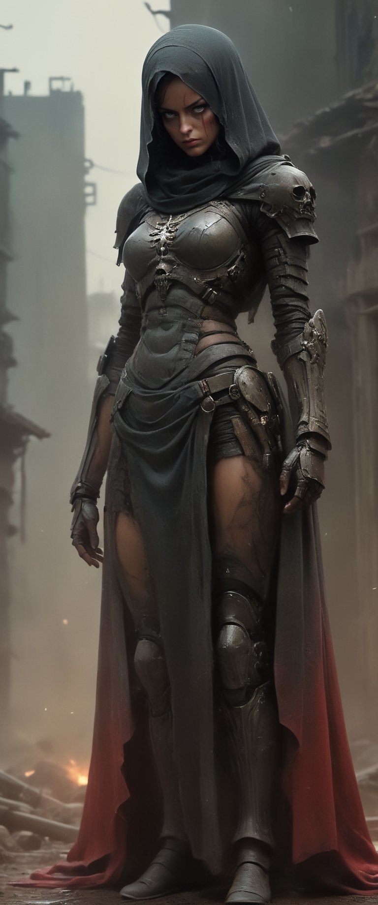 masterpiece, biomechanical legs, combat nun warriror, angry ,, stands arms on hips, red hood, combat ready in an dusty city post apocaliptic ruins, covered in dust, antion shot, movie still, volumetric light, dark and moody style, tense athmosfere, intrincate details, ultra high detallieded, Shattered Armor, rainy, mud,digital artwork by Beksinski