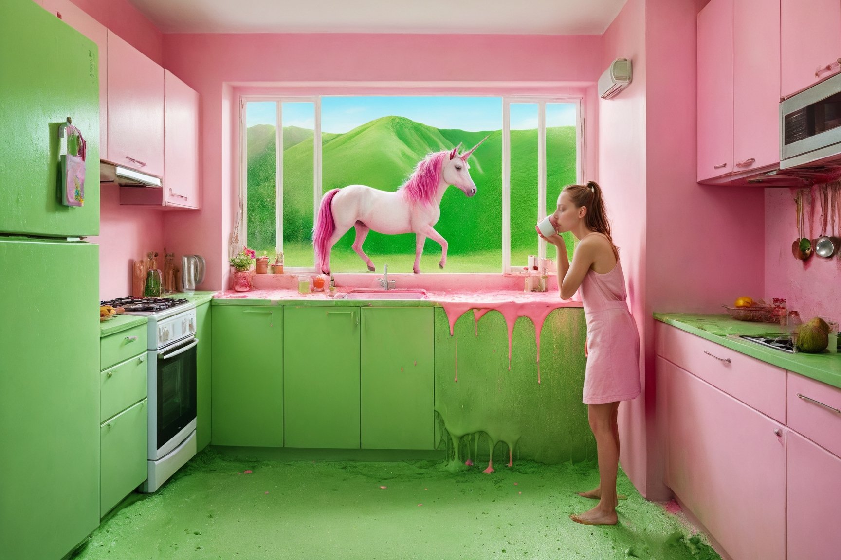 an unicorn stands in an green colored kitchen in an image with a pink splash, in the style of photo-realistic landscapes, patricia piccinini, daria endresen, mommy's on-the-phonecore, ad posters, national geographic photo, dripping paint -,xxmixgirl