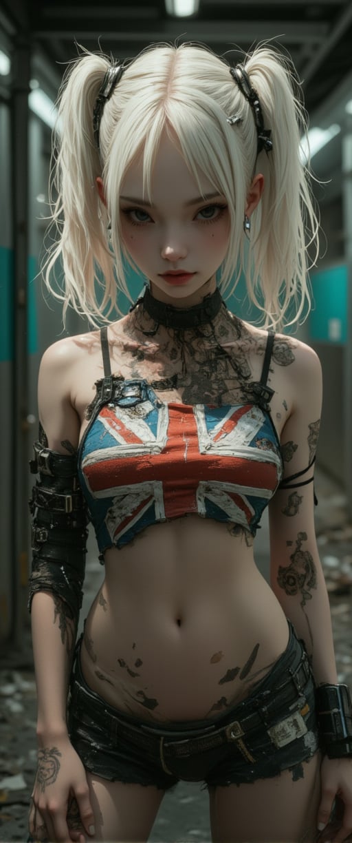 This image is a highly detailed, realistic digital painting of a woman standing in a gritty, rundown room. She is a young woman with a pale, athletic build and light skin, wearing a punk-inspired outfit. She has platinum blonde hair styled in two high pigtails. Her outfit includes a white crop top with the Union Jack flag emblazoned on the chest, which is torn and revealing her midriff.