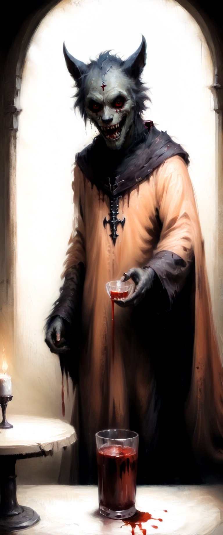 solo, 1boy, holding, male focus, teeth, indoors,  glass cup, blood, table, furry, monster, robe, furry male, gothic dungeon, ,painting