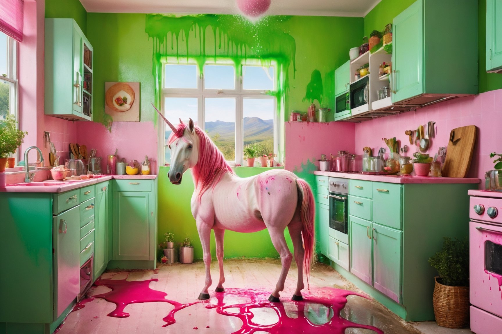 an unicorn stands in an green colored kitchen in an image with a pink splash, in the style of photo-realistic landscapes, patricia piccinini, daria endresen, mommy's on-the-phonecore, ad posters, national geographic photo, dripping paint -