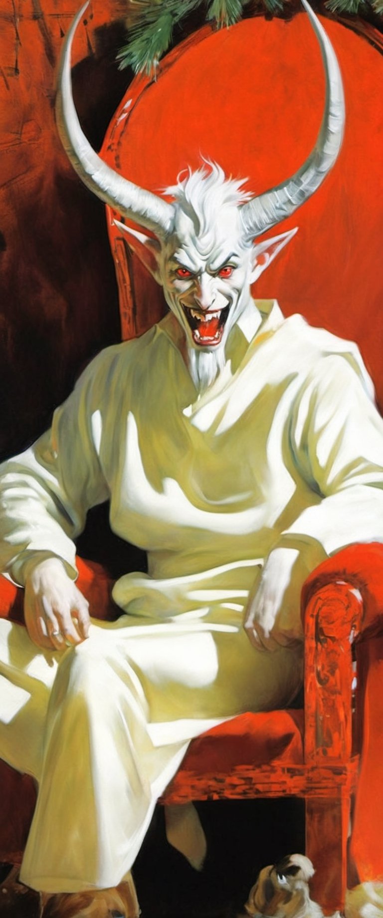 solo, looking at viewer, open mouth, shirt, red eyes, long sleeves, 1boy, sitting, white shirt, white hair, male focus, horns, teeth, pointy ears, pants, fur trim, chair, christmas, red pants, throne, demon,ArgazXL