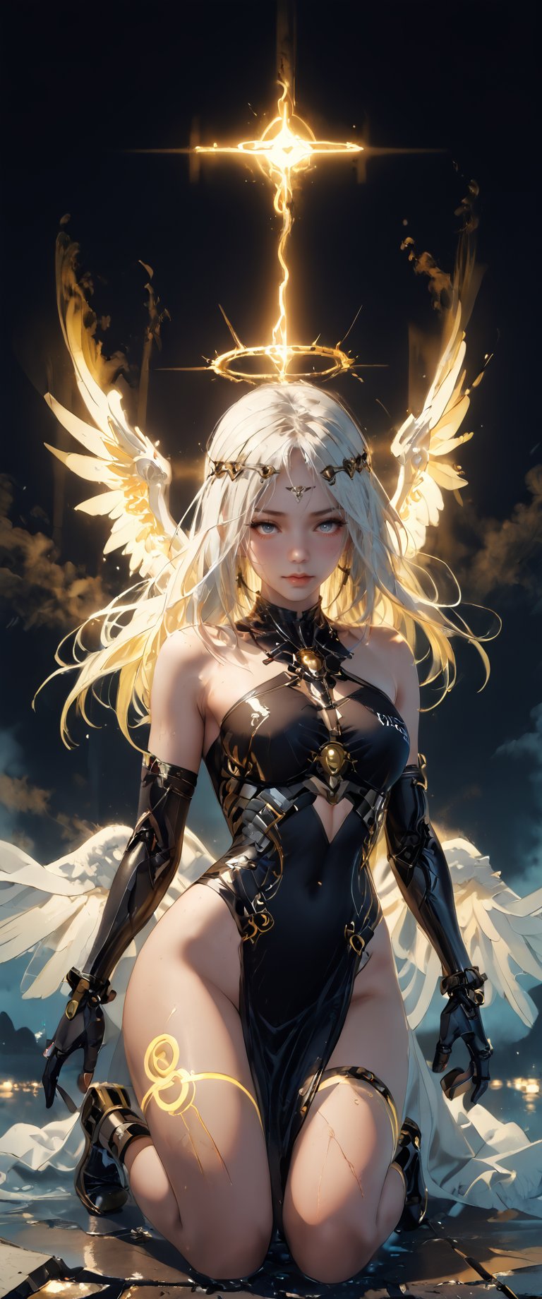  1girl, solo, long hair,facing the camara, kneeling,fallen angel, semi nude, wings, fog , mist, water, halo, angel wings, neon light, angel, yellow theme, yellow neon light, chest bandage, ,neon text "HELL"", mechanical parts, mechanical joints,ct-virtual,dal-27,dal-1