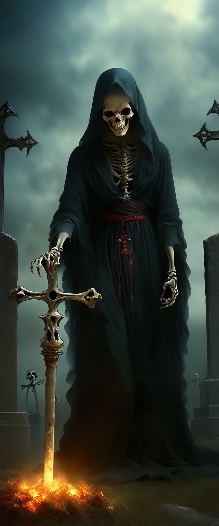 Generate hyper realistic image of a necromancer performing an unholy ritual to raise the dead, surrounded by a graveyard filled with restless spirits. The necromancer's staff should channel dark energies, and skeletal hands should emerge from the ground as the undead awaken. Convey the malevolent power of the necromancer as they defy the natural order to command the deceased.,DonMn1ghtm4reXL