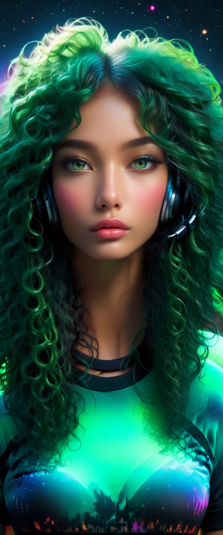 full body, symmetrical face, perfect realistic green eyes, (female hair made of fine multicolored neon, green curls:1.5), (long thin hair made of multicolored neon strands, wearing headphones, serene expression, enjoying music, realism, ultra high resolution, 8k, HDr, art, high detail, , art, detailed background full moon, stars, nebula, northern lights, zoomed out
