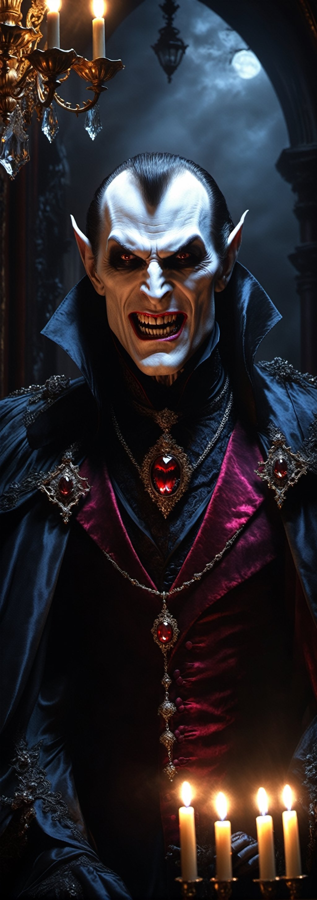 photorealistic, horror art, ultra  close-up vampire lord deceptively welcoming you into his abode, dark, chandeliers, mist