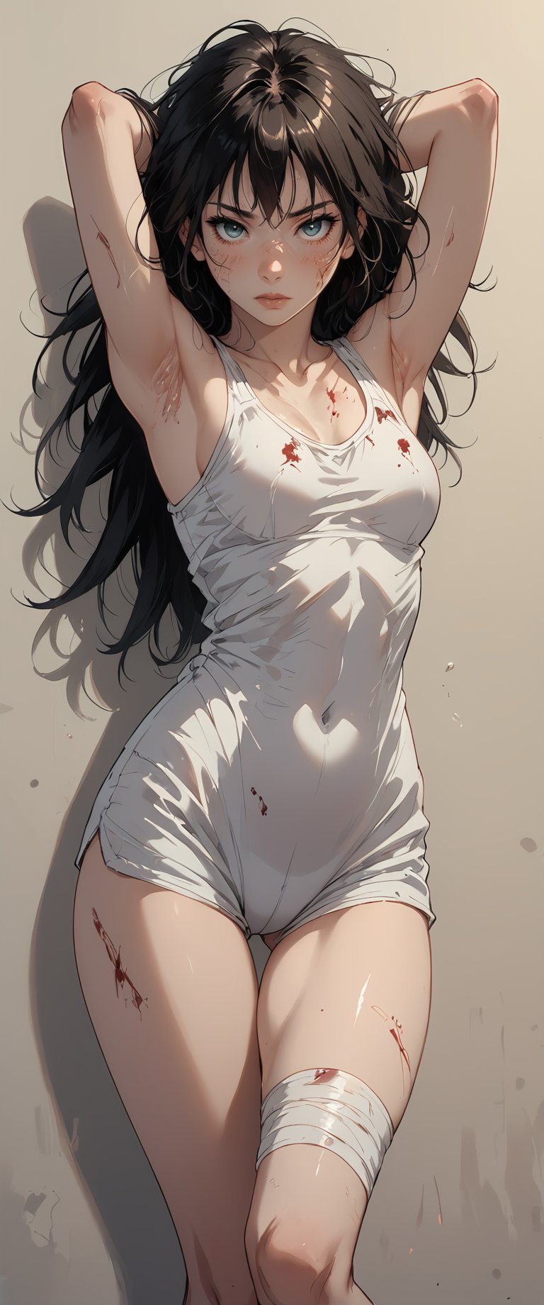 1girl, solo, long hair, breasts, looking at viewer, , greyscale, armpits, blood, bandages, messy hair, arms behind head, , injury, bandaged leg, score_6, score_7_up, score_8_up,score_9