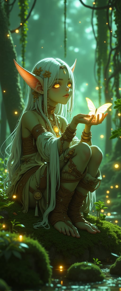 A mystical female goblin sits serenely on a moss-covered rock amidst a whimsical forest, blending earthy elegance with her unique charm. Her radiant white hair cascades down her back as she gently cradles a glowing butterfly in delicate fingers. The soft leather and cloth tunic adorns her with bone jewelry and natural accents, while her pale green skin glows softly. Luminescent plants, fireflies, and magical creatures surround her, bathed in the high-contrast light of the forest, creating an ultra-detailed, dreamlike atmosphere.,ct-katakrat,ct-physmstyle2