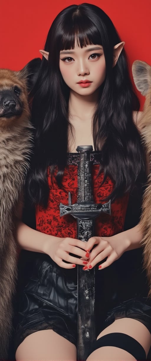 Close-up shot of a stunning 20-year-old Japanese-inspired pop art style anime girl, donning long black hair with blunt bangs and striking red eyes. She wears a pleated skirt and thigh strap, adorned with jewelry and nail polish. The girl's elf ears add a touch of whimsy as she confidently holds a sword, seated alongside two hyenas. Her gaze directly addresses the viewer, exuding a sense of realism and confidence in her unique identity., ct-visual_v4