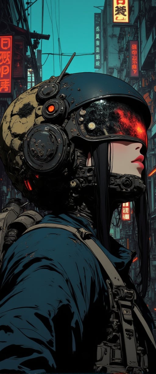 A cyberpunk alleyway at dusk, the air thick with neon-lit haze. A Japanese woman, clad in a futuristic outfit, stands out amidst the urban decay. She wears a full-face helmet adorned with a reflective visor that mirrors the surroundings, giving her an otherworldly appearance. Her bright red lips add a pop of color against the monochromatic backdrop. The bokeh effect from nearby streetlights creates a soft, dreamy quality, blurring the edges of the scene as the city's edgy energy pulses through every pixel.