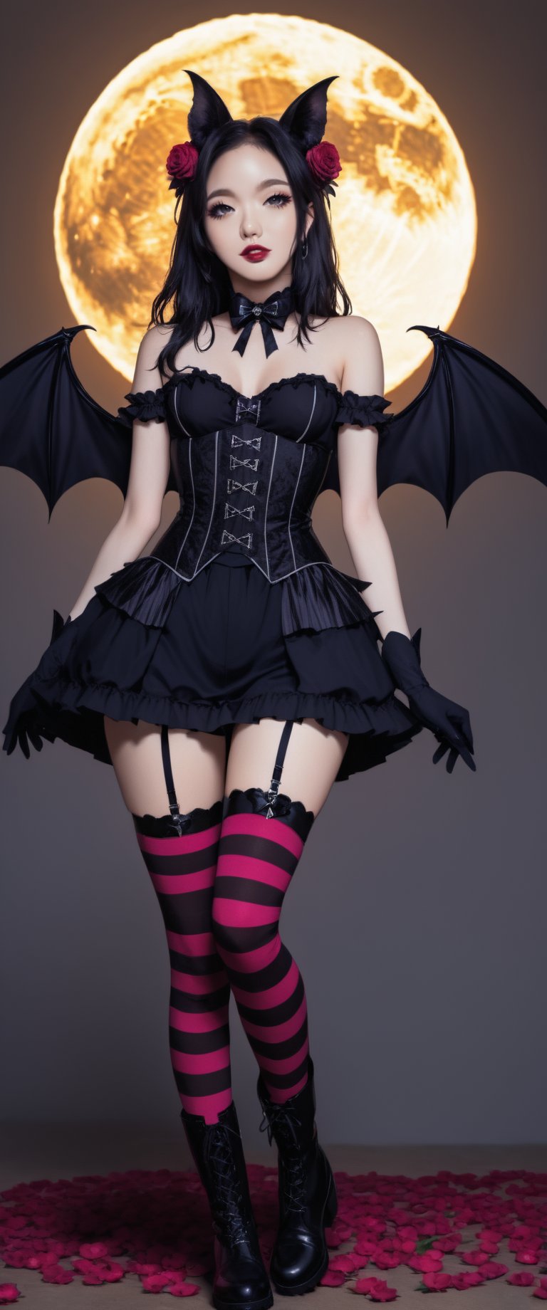 1girl, solo, long hair, black hair, thighhighs, gloves, bare shoulders, flower, boots, wings, striped, garter straps, moon, knee boots, bat wings, corset, striped thighhighs, gothic lolita, bat \(animal\), gothic