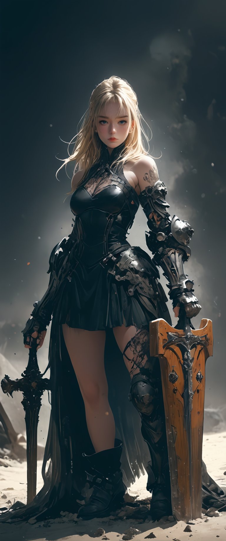 1girl, solo, long hair, breasts, looking at viewer, blonde hair, gloves, dress, holding, bare shoulders, closed mouth, standing, full body, weapon, boots, sword, holding weapon, black dress, tattoo, holding sword, short dress, gauntlets, shield


 real,realistic,real_life,chiarosaurio,dal-27,dal-1,ct-virtual