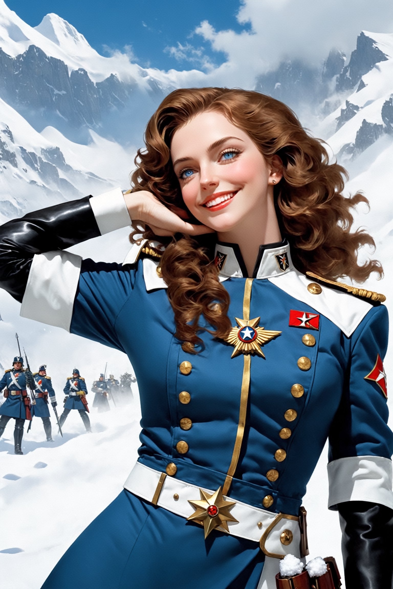 poster of a sexy   [ warhammer_40k_commissar, short curly brown ringlet hair, blue eyes, huge breasts, motherly face and smile, white uniform, snow background, propaganda poster, salute, text underneath  ], ,  very_high_resolution, latex clothing uniform, eye angle view,  , designed by  Dave Mckean,aw0k nsfwfactory,aw0k magnstyle,danknis,sooyaaa,Anime ,IMGFIX

