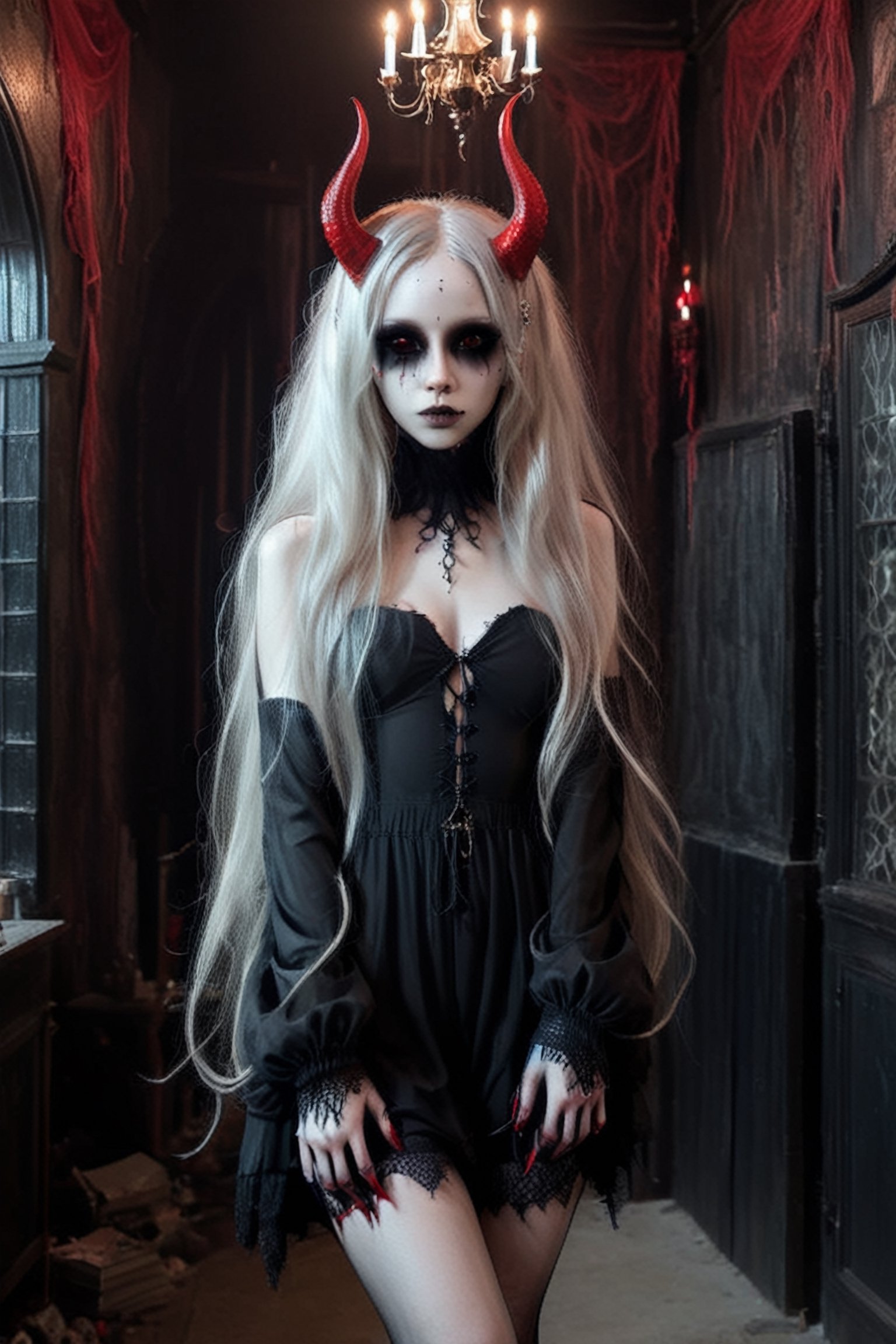 young pale skin demon  girl  with oversized red sunglesses,long messy hair , hair ,  , wearing latex outfitt, dark atmosphere.

(room has gothic walls with creepy decorations, candels , gothic furniture:1.1)  

( young face:1.2),
modern, (high detailed skin:1.2), 8k uhd, dslr, soft lighting, high quality, film grain, Fujifilm XT3 ,  , relaxing, long hair, ,sooyaaa,detailmaster2,more detail XL,Anime 