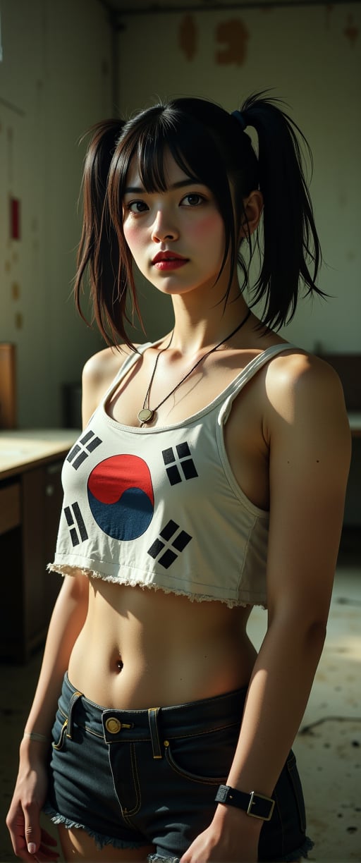 Close-up shot of a korean  woman with pale skin and athletic build, standing amidst a gritty, rundown room. Her punk-inspired outfit features a torn white crop top with the korean flag design, revealing her midriff. The pigtails are styled high on either side of her head, framing her determined expression. Harsh lighting casts deep shadows, accentuating the worn walls and decaying furniture in the background.