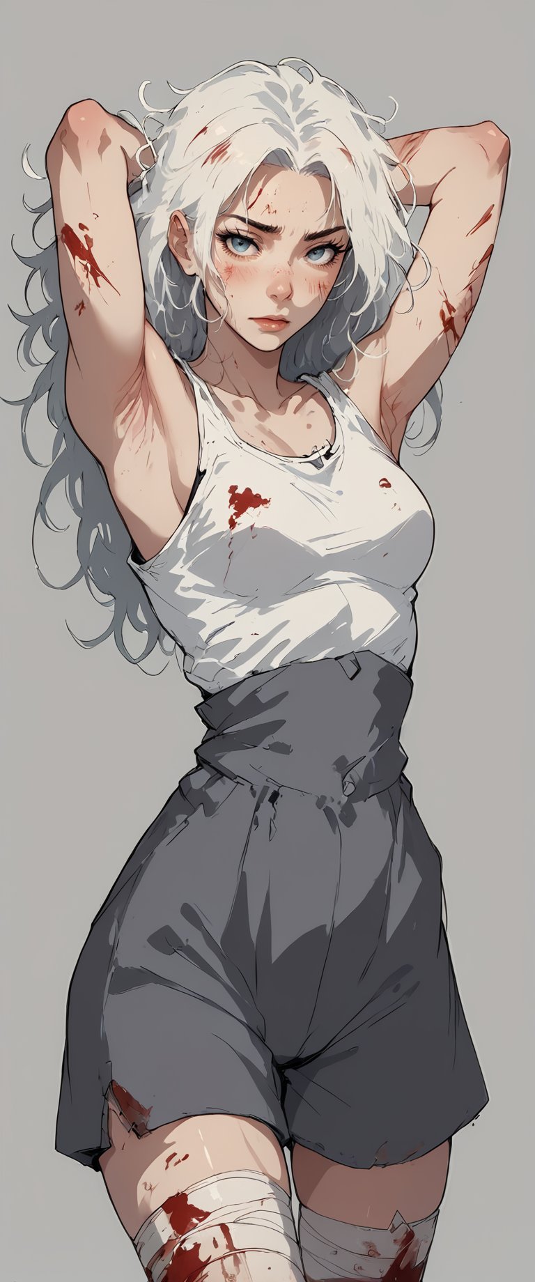 1girl, solo, long hair, breasts, looking at viewer, , greyscale, armpits, blood, bandages, messy hair, arms behind head, , injury, bandaged leg, score_6, score_7_up, score_8_up,score_9