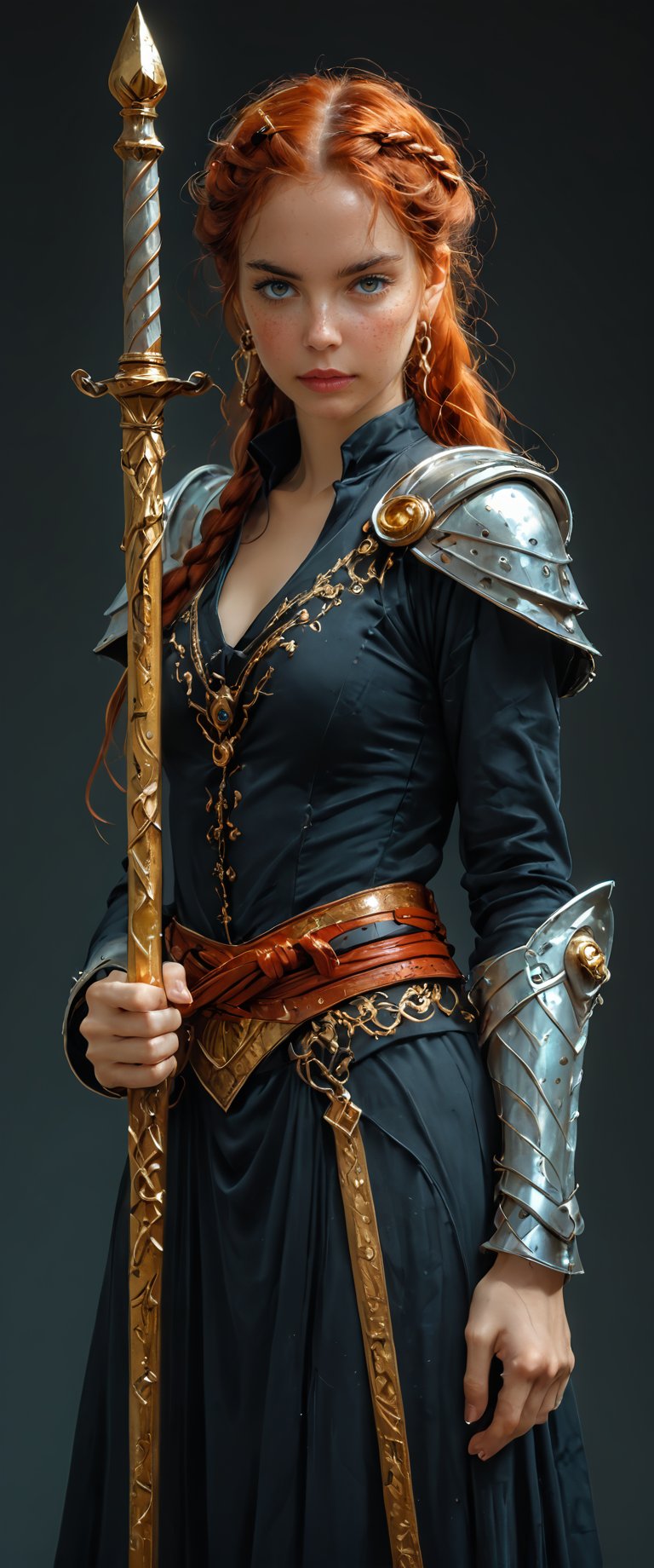 A regal elven warrior stands indoors, looking directly at the viewer with piercing grey eyes. Her long, fiery red hair cascades down her back, adorned with a delicate braid and a sparkling hair ornament. She wears a suit of armor, including shoulder pauldrons, gauntlets, and a circlet, with glowing accents on her breastplate. Her pointy ears are prominent, and she holds a sword that radiates an otherworldly glow, its blade shimmering with an ethereal light. The framing of the shot emphasizes her statuesque pose, with the sword held at her side and her gaze fixed intently on the viewer. A subtle watermark effect adds a sense of mystique to the overall image.