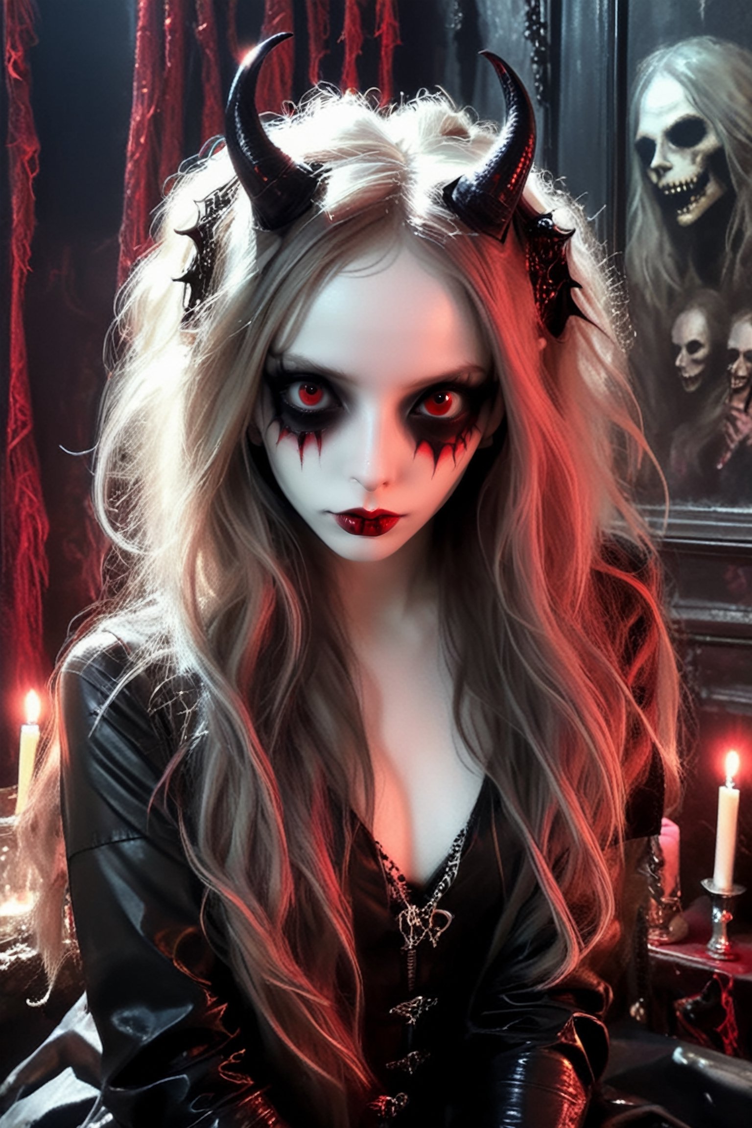 young pale skin demon  girl  with oversized red sunglesses,long messy hair , hair ,  , wearing latex outfitt, dark atmosphere.

(room has gothic walls with creepy decorations, candels , gothic furniture:1.1)  

( young face:1.2),
modern, (high detailed skin:1.2), 8k uhd, dslr, soft lighting, high quality, film grain, Fujifilm XT3 ,  , relaxing, long hair, ,sooyaaa,detailmaster2,more detail XL,Anime 