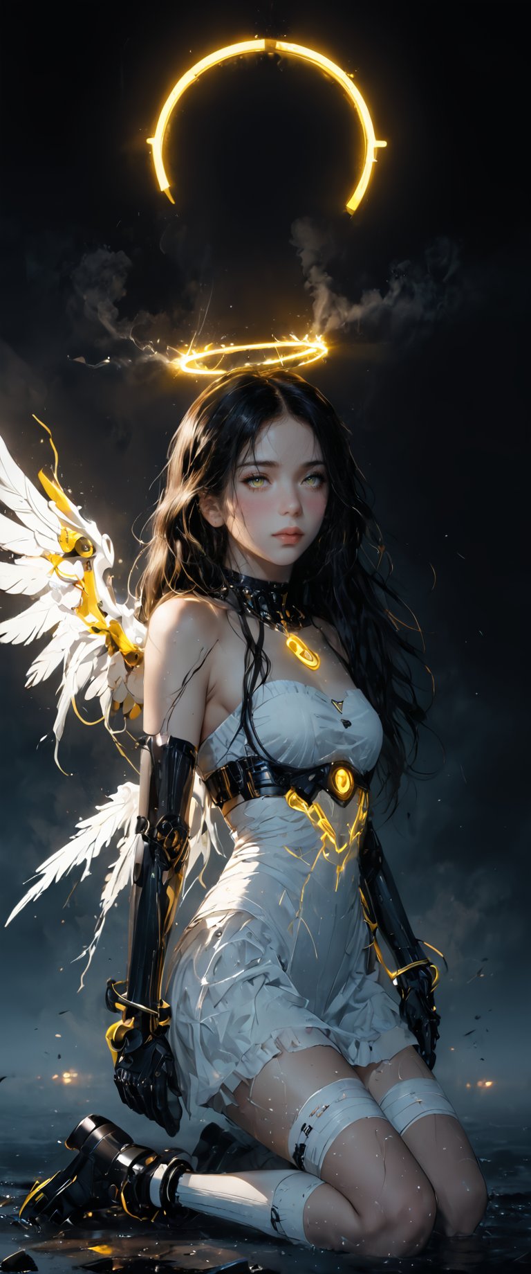  1girl, solo, long hair,facing the camara, kneeling,fallen angel, semi nude, wings, fog , mist, water, halo, angel wings, neon light, angel, yellow theme, yellow neon light, chest bandage, ,neon text "HELL"", mechanical parts, mechanical joints,ct-virtual