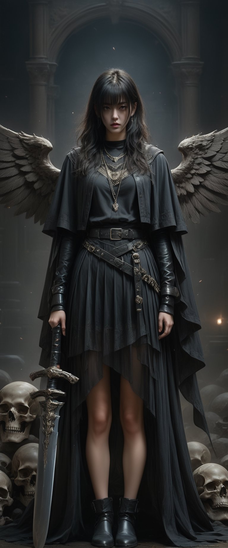 breathtaking ethereal RAW photo of female (1girl, solo, long hair, looking at viewer, bangs, skirt, black hair, long sleeves, dress, holding, jewelry, closed mouth, standing, weapon, outdoors, mechanical wings, horns, belt, sword, blunt bangs, black skirt, necklace, cape, holding weapon, black eyes, black dress, holding sword, cloak, black wings, pouch, black cape, belt pouch, black capelet


 )), dark and moody style, perfect face, outstretched perfect hands . masterpiece, professional, award-winning, intricate details, ultra high detailed, 64k, dramatic light, volumetric light, dynamic lighting, Epic, splash art .. ), by james jean $, roby dwi antono $, ross tran $. francis bacon $, michal mraz $, adrian ghenie $, petra cortright $, gerhard richter $, takato yamamoto $, ashley wood, tense atmospheric, , , , sooyaaa,IMGFIX,Comic Book-Style,Movie Aesthetic,action shot,photo r3al,bad quality image,oil painting, cinematic moviemaker style,Japan Vibes,H effect,koh_yunjung ,koh_yunjung,kwon-nara,sooyaaa,colorful,bones,skulls,armor,han-hyoju-xl
,DonMn1ghtm4reXL, ct-fujiii,ct-jeniiii, ct-goeuun,mad-cyberspace,FuturEvoLab-mecha,cinematic_grain_of_film,a frame of a animated film of,score_9,3D,style akirafilm, ct-eujiiin