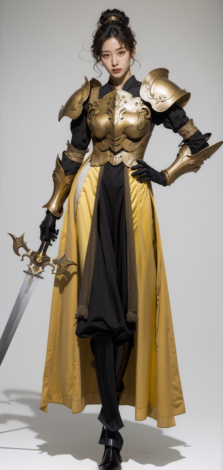 1girl, yellow_hair, red_eyes, yellow theme, monochrome, standing, dress armor, simple_background, yellow_background, looking away, holding sword, full body, closed mouth, from below,hyojoo,m_kayoung