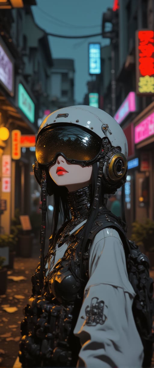 A cyberpunk alleyway at dusk, the air thick with neon-lit haze. A Japanese woman, clad in a futuristic outfit, stands out amidst the urban decay. She wears a full-face helmet adorned with a reflective visor that mirrors the surroundings, giving her an otherworldly appearance. Her bright red lips add a pop of color against the monochromatic backdrop. The bokeh effect from nearby streetlights creates a soft, dreamy quality, blurring the edges of the scene as the city's edgy energy pulses through every pixel.