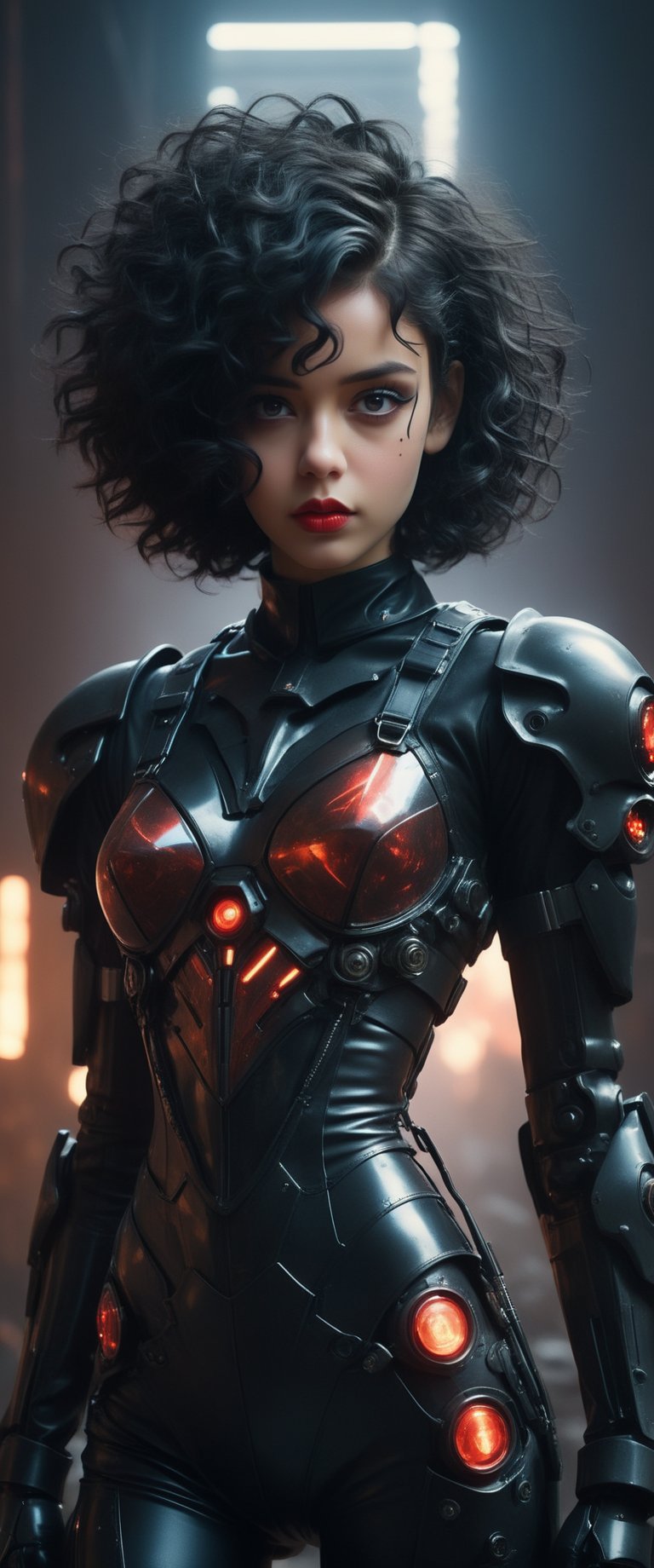 (by Loish, Leyendecker, james gilleard),  A full body shot of a young goth woman, short black curly hair, slightly smiling, one raised eyebrow, wearing a black metal cyborg suit , red lips, dark eye makeup, dark future battlefield background, ,heavy_jacket,Fire Angel Mecha