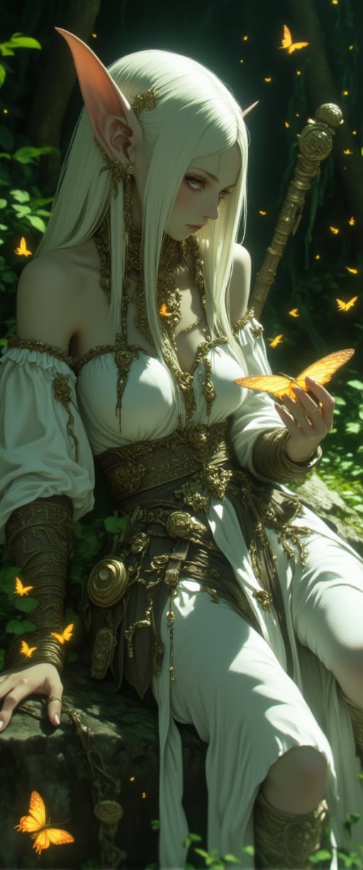 
  A stunning female goblin sits gracefully in a magical forest, blending elegance with a goblin's unique charm. She has large, expressive ears and radiant white, long hair that cascades down her back. Her outfit is a goblin-inspired design, blending rough and natural elements with beauty: a white tunic made from soft leather and cloth, adorned with bone jewelry and earthy accents, like leaves and vines intertwined throughout. The style reflects a mix of wilderness and sophistication. Her glowing, pale green skin contrasts with the white fabric, adding a touch of enchantment.
She sits on a moss-covered rock, gently holding a glowing butterfly in her delicate fingers. Around her, the mystical forest comes to life with luminescent plants, fireflies, and magical creatures. The high contrast between the soft glowing light of the forest and her natural, earthy beauty creates a fantastical, dreamlike atmosphere with ultra-detailed textures and vibrant colors. The scene captures the serene yet magical essence of the goblin in her forest realm.
 realgoblins

