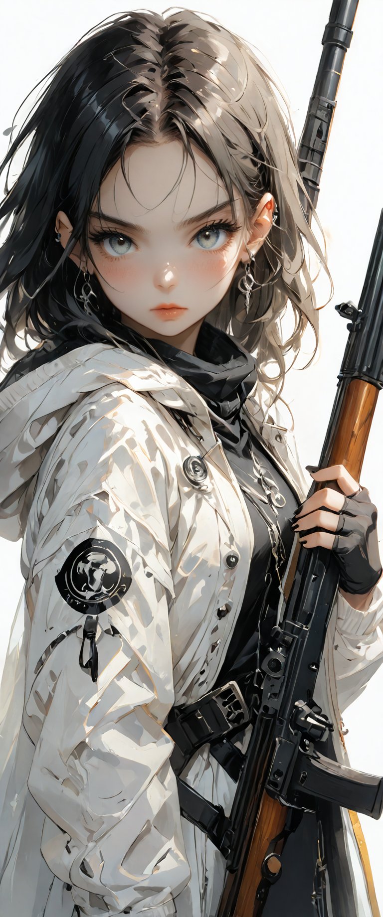 1girl, solo, long hair, looking at viewer, bangs, simple background, black hair, gloves, holding, jewelry, jacket, weapon, earrings, hood, fingerless gloves, holding weapon, see-through, gun, grey eyes, piercing, white jacket, ear piercing, holding gun, black nails, rifle,dal-27,dal-1,anime black line