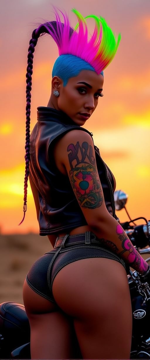 Biker chick posing confidently on a vintage motorcycle against a warm sunset backdrop, mohawk glowing with vibrant hues of pink, green, blue, and yellow. Long braided ponytail flows down her back like a river of darkness. Leather vest and shorts hug her curves, showcasing colorful tattoos that dance across her arms in mesmerizing patterns. Neon pinks, blues, and greens pop against the orange sky, as if infused with an otherworldly energy.,ct-colority,ct-blodolx