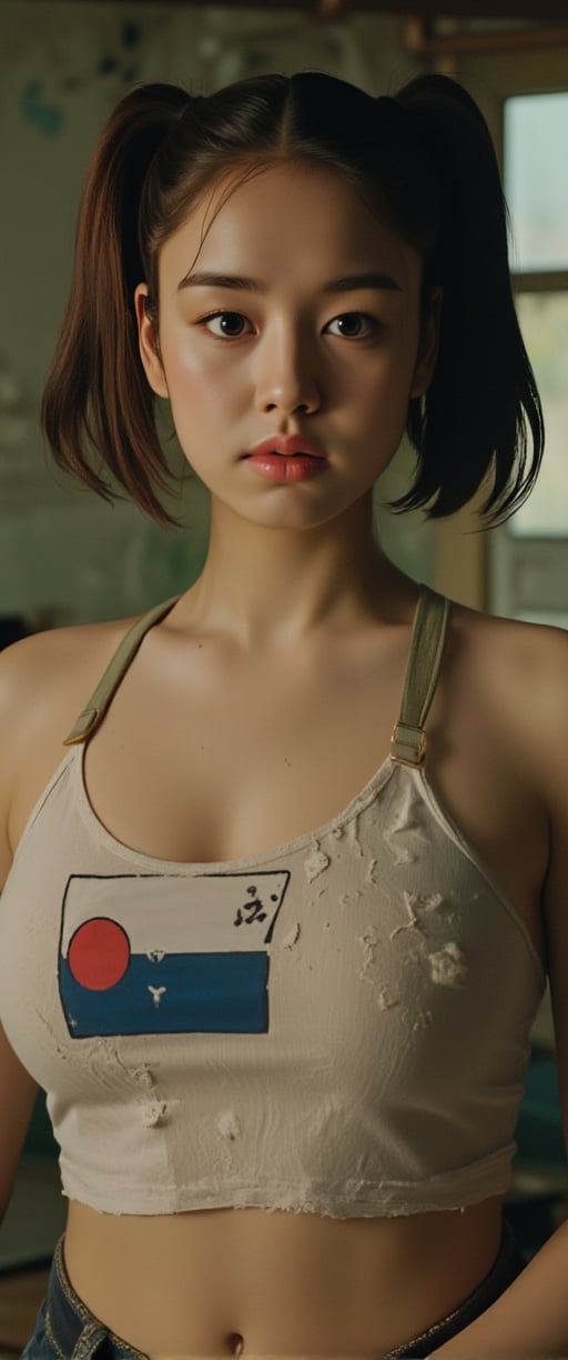 Close-up shot of a brunette woman with pale skin and athletic build, standing amidst a gritty, rundown room. Her punk-inspired outfit features a torn white crop top with the koean flag design, revealing her midriff. The pigtails are styled high on either side of her head, framing her determined expression. Harsh lighting casts deep shadows, accentuating the worn walls and decaying furniture in the background.,ct-sensual-v2