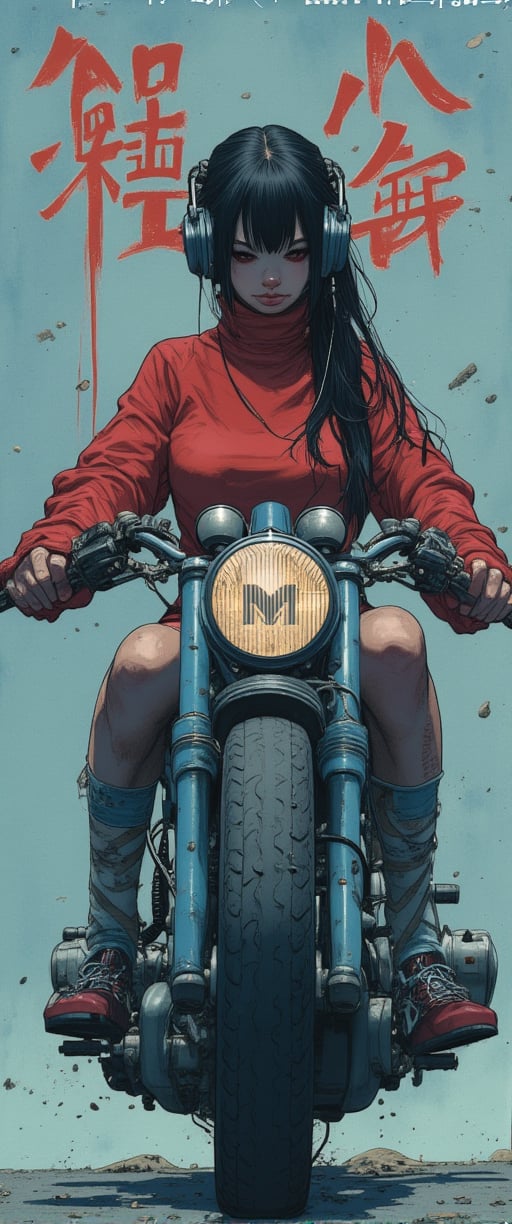 a girl riding a blue motorcycle( akira style). The girl is wearing a red long sleeve shirt and a red and white skirt. She is also wearing a pair of blue and red boots. Her long black hair is pulled back in a ponytail. She has headphones on her head and earphones in her ears. The motorcycle is made of metal and has a black tire on the front. The background is a light blue color with red writing on it.. Amidst this moody, atmospheric setting, her elegant posture exudes an enchanting contrast, drawing us in to unravel the secrets of her mysterious world.,ct-identityV2,ct-colority,ct-sensanime,ct-bustyy2,ct-chainb,ct-fititty,ct-leetity