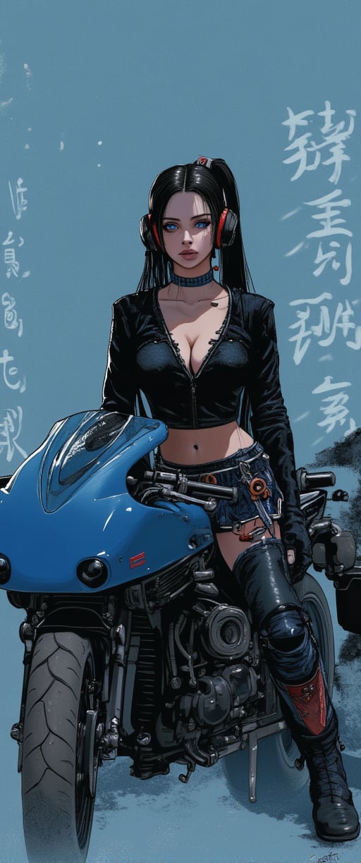 a girl riding a blue motorcycle. The girl is wearing a black long sleeve shirt and a blue and white skirt. She is also wearing a pair of blue and red boots. Her long black hair is pulled back in a ponytail. She has headphones on her head and earphones in her ears. The motorcycle is made of metal and has a black tire on the front. The background is a light blue color with white writing on it.. Amidst this moody, atmospheric setting, her elegant posture exudes an enchanting contrast, drawing us in to unravel the secrets of her mysterious world.,ct-identityV2,ct-colority,ct-sensanime,ct-bustyy2,ct-chainb,ct-fititty,ct-leetity