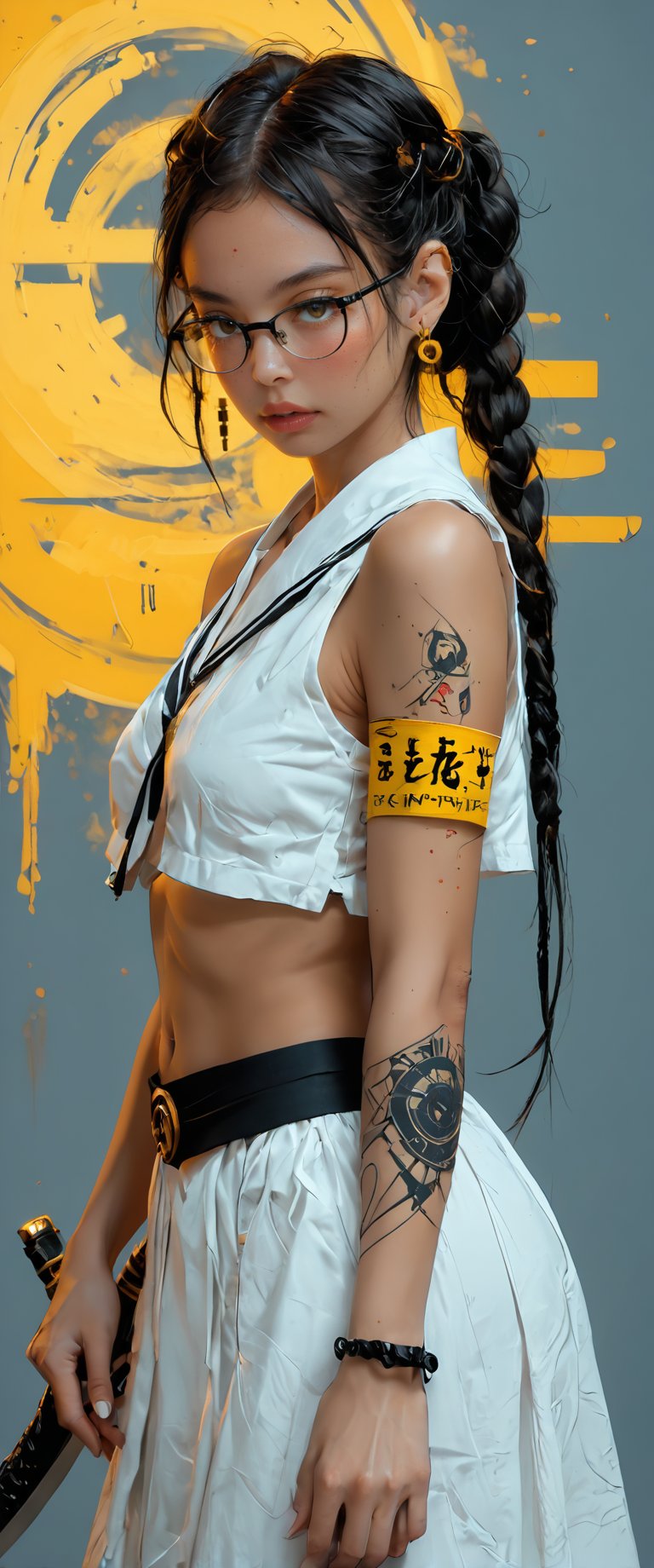 A solo android, dressed in a striking white serafuku, sits confidently on a sofa amidst a vibrant yellow neon advertisement reading CTMAKER. Her long black hair flows down her back like a dark waterfall, framing her face with bangs. A katana's sheath is held by her mechanical arm, adorned with a tattoo. The rest of her body is clad in a black school uniform skirt with sailor collar, complete with earrings and glasses. Dark piercing eyes seem to bore into the viewer from a side view, as neon ads and reflections dance across the grey background, casting an otherworldly glow on this cyberpunk vision.