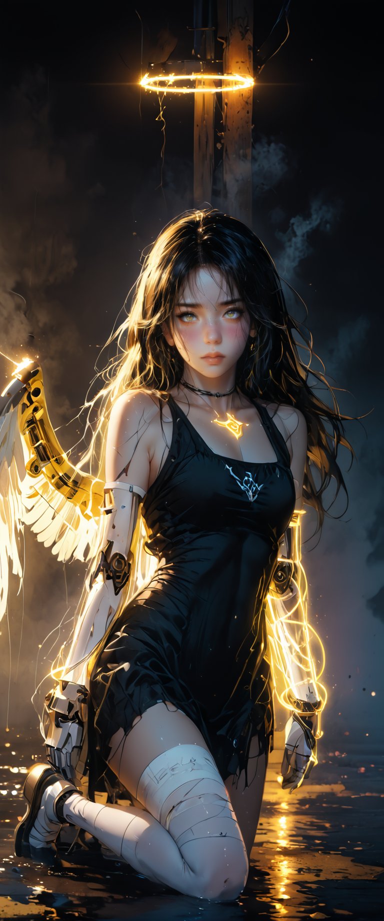  1girl, solo, long hair,facing the camara, kneeling,fallen angel, semi nude, wings, fog , mist, water, halo, angel wings, neon light, angel, yellow theme, yellow neon light, chest bandage, ,neon text "HELL"", mechanical parts, mechanical joints,ct-virtual,dal-27,dal-1