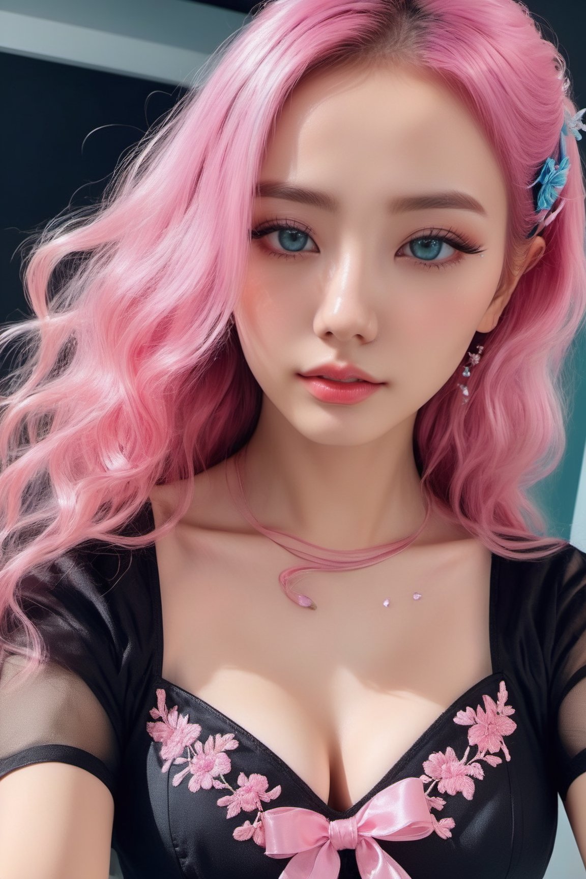 (ultra realistic,32k,RAW photo:1.1),(high detailed skin:1.1), 8k uhd, dslr, high quality, film grain, (makeup, mascara:1.1), lips,(thick\lips\), (shiny glossy translucent clothing:1.1), 1girl, pink hair, long hair, (aqua eyes:0.9), black dress, edgwrench, wearing edgwrench, embroidery, ribbons, , huge breast, (upper body:1.2), Running with hands extended, (busty:1.1) , (chubby:0.1),(beautifully lit:1.2), , dark theme , nano-tech medical facility, microscopic healers, regenerative treatments, personalized care