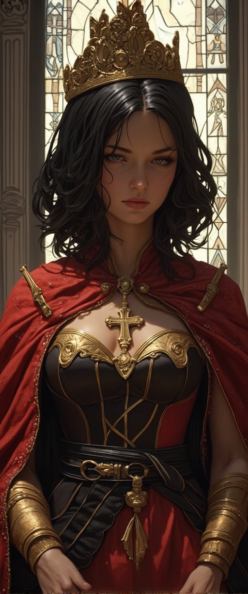 a medium-sized statue of a female warrior is depicted. She is dressed in a vibrant red and black outfit, adorned with a black belt and a black crown. Her black hair is styled in a bob, adding a pop of color to her face. The statue is adorned with gold accents, including a cross and a cross on her chest. She has a serious expression on her face, and her eyes are focused on something in the distance. Her hands are positioned on either side of her body, while her arms are draped over her shoulders. She stands in front of a stained glass window, with intricate designs on it.