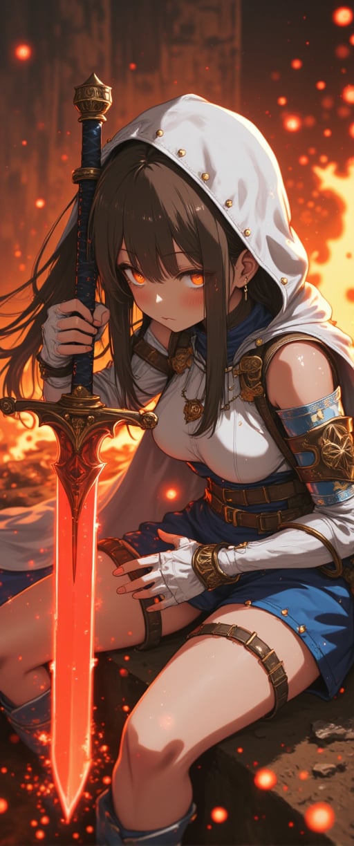 Warrior's Vigilance: A dynamic scene featuring a female warrior with flowing black hair, donning a white helmet and blue-white armor, gripping a fiery red sword in both hands. Her left leg is flexed at the elbow, while her right leg rests on the ground. The sword's crimson blade gleams before her, as she holds it steady, her right hand positioned near her temple, and her left hand resting against her right arm. A burst of flames crackles behind her, set against a darkened backdrop, .,n30nfilm