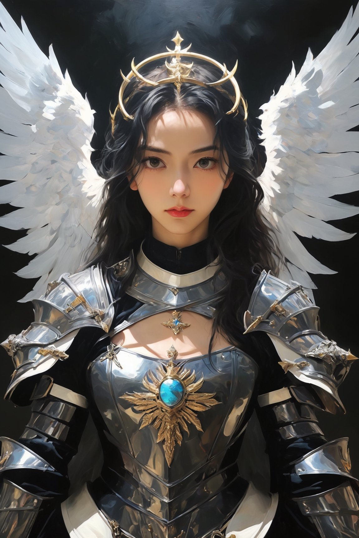 Realist portrait of Queen, beautiful face, cool vibes, goddess of genesis, masterpiece, painting darkly comedic precisionist, goddesscore armor, queen of sword, latex uniform, epic, ((Large Angle Wings)), aw0k magnstyle, danknis, sooyaaa, Anime , IMGFIX, niji style,sooyaaa