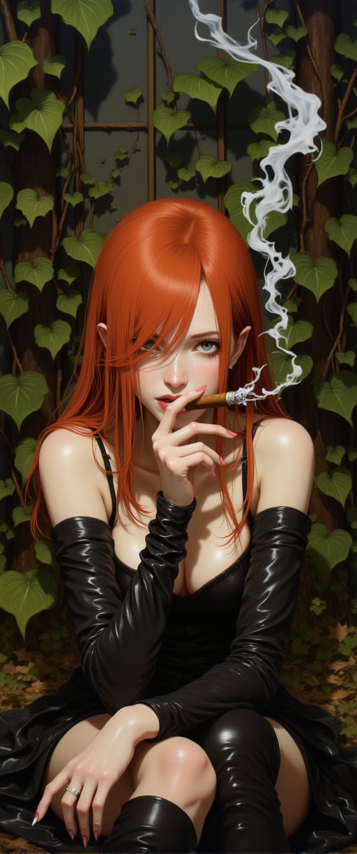 Against a backdrop of overgrown ivy vines and lush foliage, a striking red-haired girl sits serenely, lit cigar between her lips. Wisps of smoke curl around her face, casting an air of mystery and confidence. Sharp, intense eyes pierce through the soft, filtered light that seeps through the dense vegetation, casting shadows on her features. Amidst this wild yet intimate setting, nature encroaches upon her, amplifying her strong and rebellious energy.,ct-physmstyle2