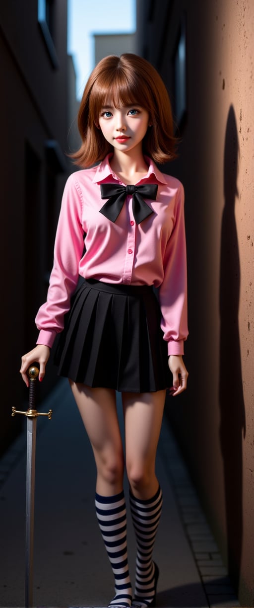 a female doll stands in a dark alleyway, holding a sword in her right hand. She is dressed in a pink long-sleeved shirt, a black skirt, and striped socks. Her hair is a vibrant shade of brown, and her eyes are a piercing blue. She has a black bow tie around her neck, adding a pop of color to her outfit. Her left hand is positioned in front of her body, while the right hand is resting on her hip. Her shadow is cast on the wall on the right side of the image.